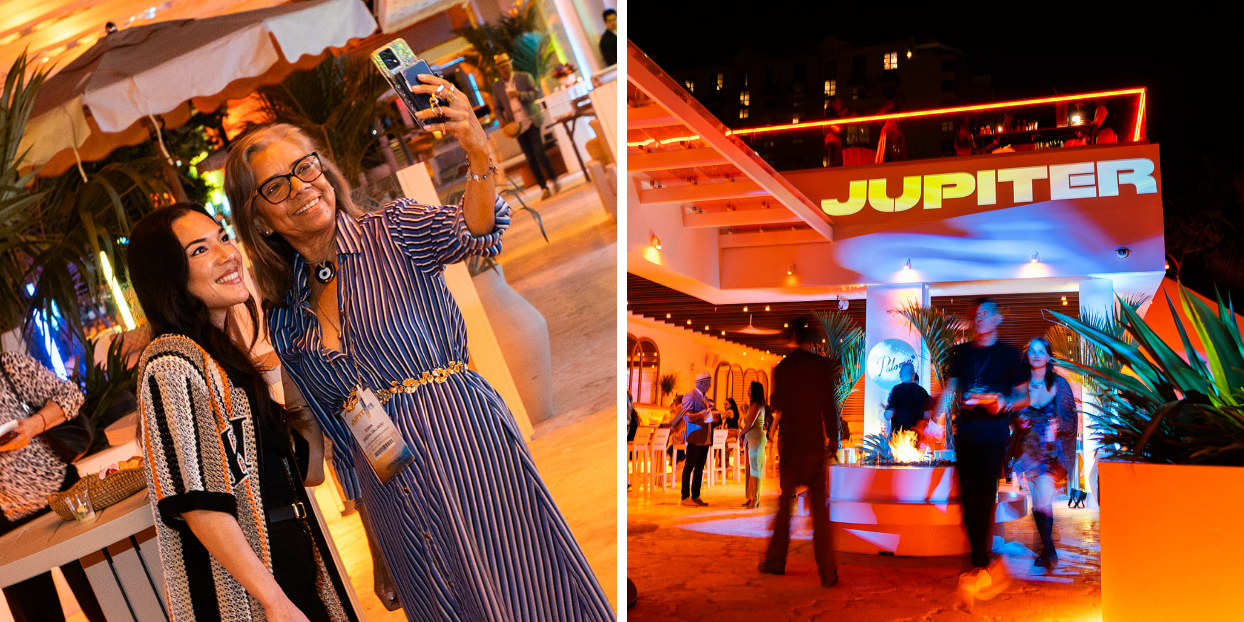 Attendees at Jupiter Festival Miami taking a selfie and walking through the neon lit space at night.
