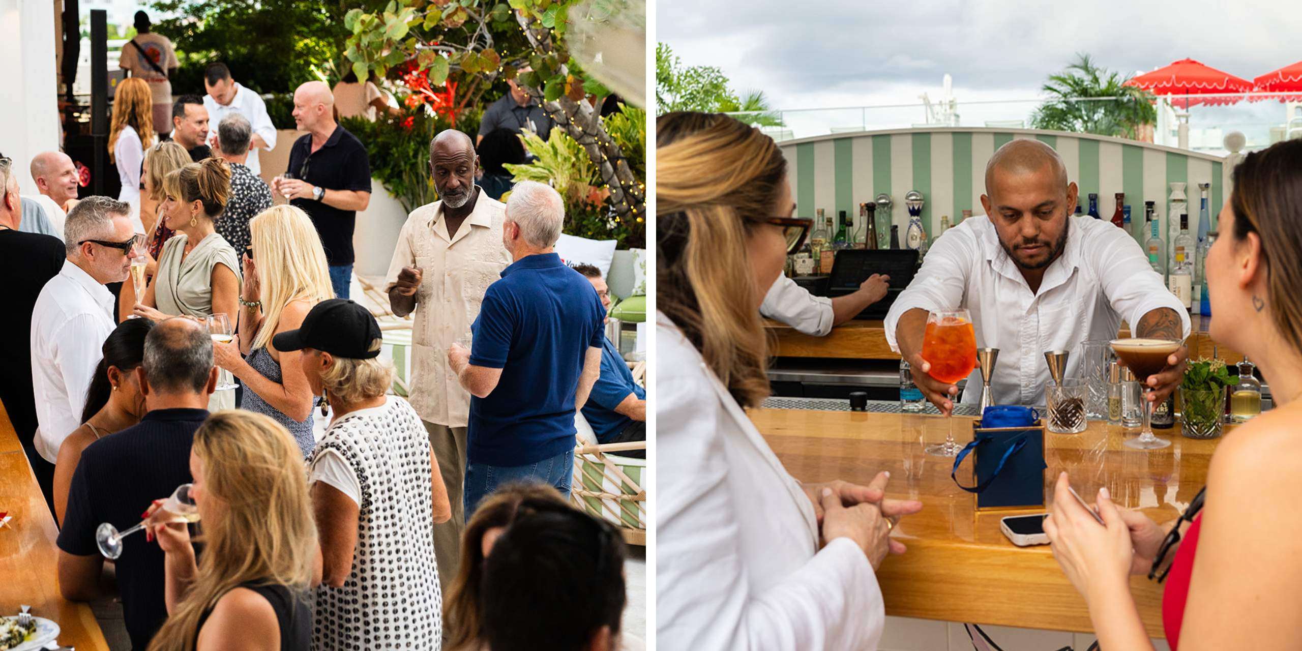 People enjoying drinks and conversations at Jupiter Festival Miami